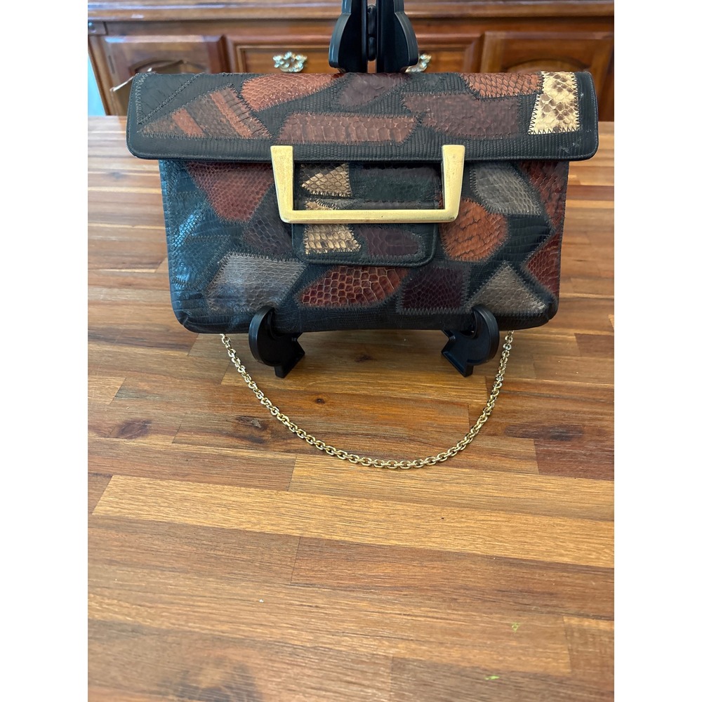 Vintage Snakeskin Patchwork Clutch Women Medium Brown Multi Good Exotic Leather